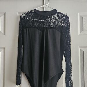 SHEIN Black Lace Curve Bodysuit with High Neck
